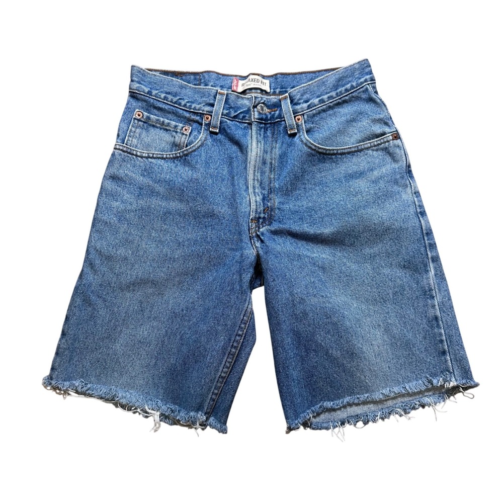 Levis 550 Relaxed Fit Denim Shorts Medium Wash Blue Cut Off Raw Hem W29 Student